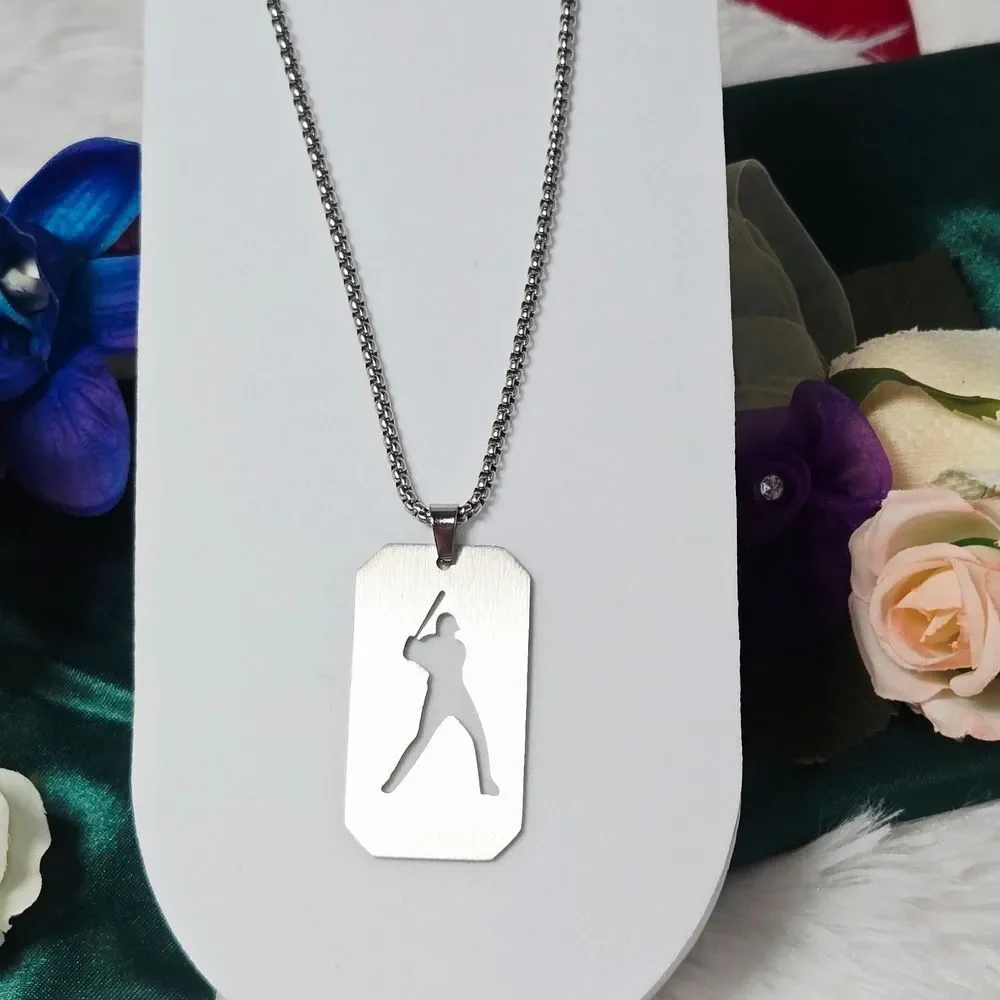 Silver Baseball Player Dog Tag Necklace Cutout Batter 24” Stainless Steel Gift
